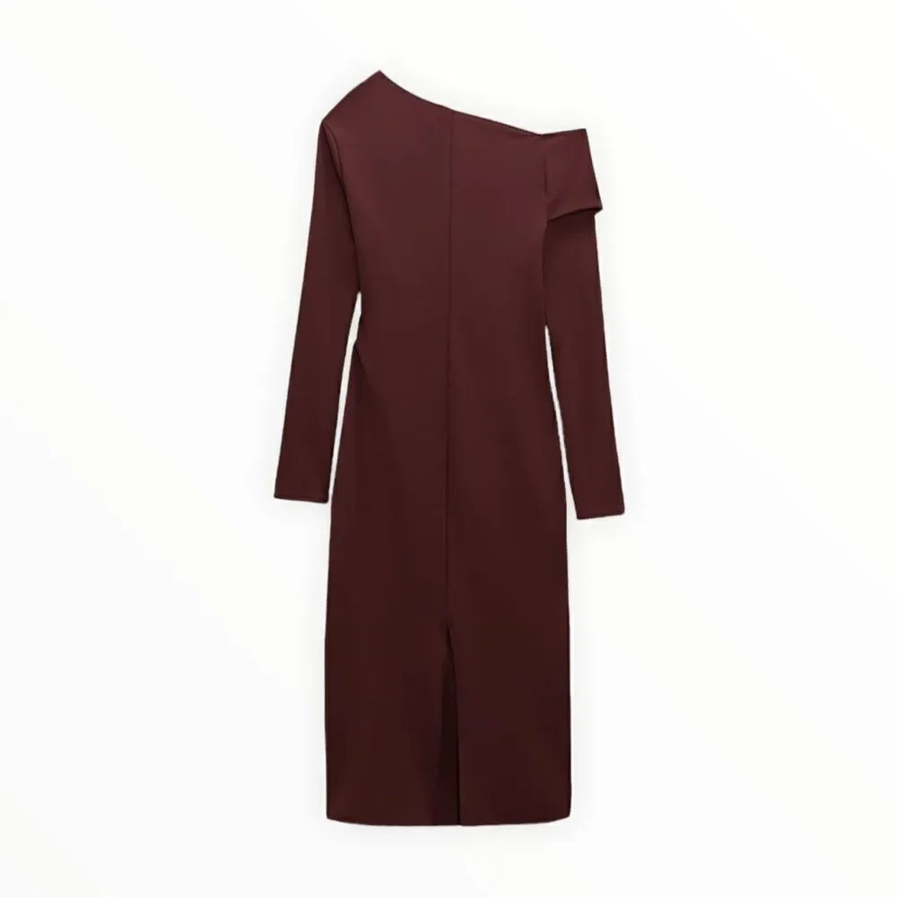 ZARA Maroon Asymmetrical Midi Dress Size M Cutout Detail - Picture 3 of 9